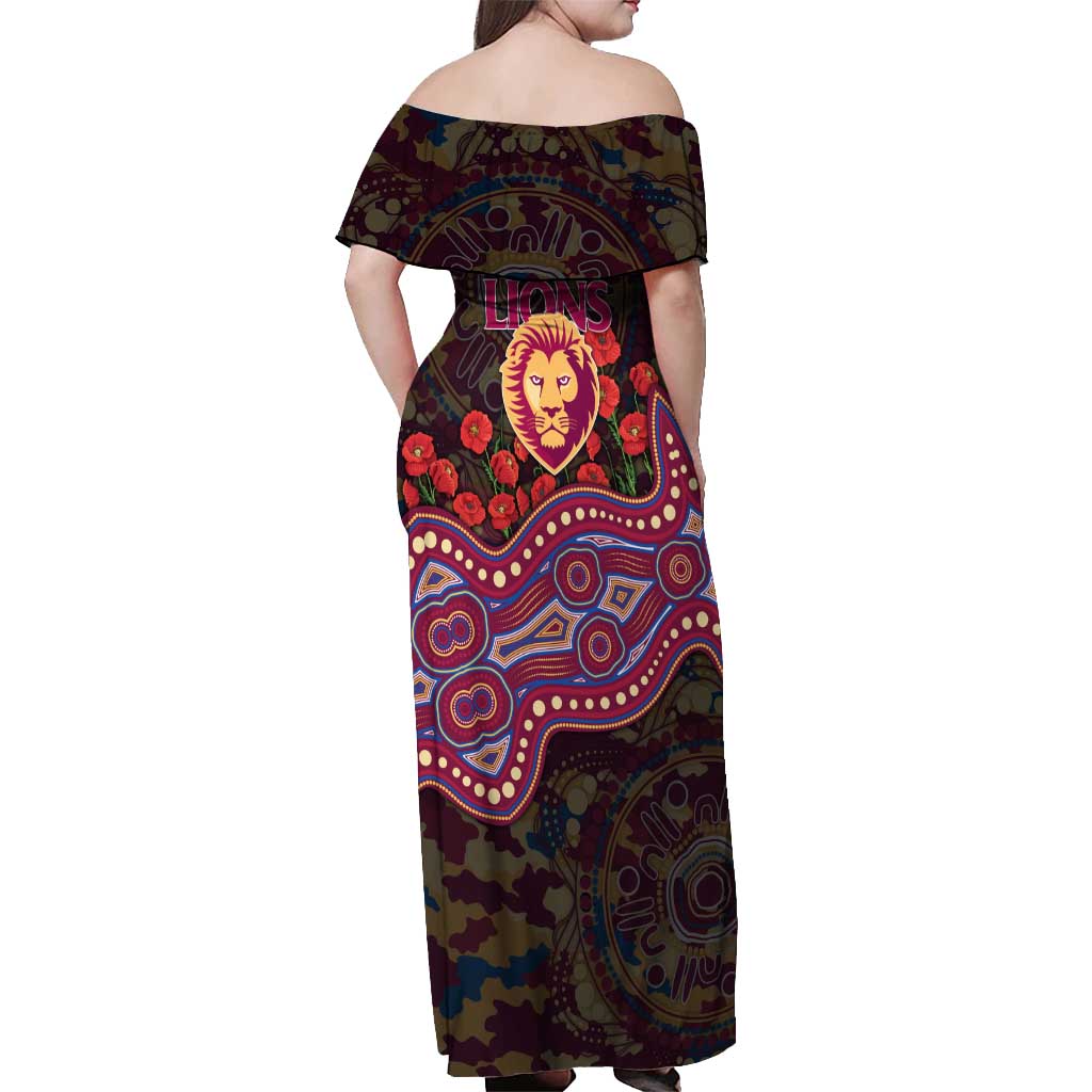 Brisbane Lions ANZAC Day Off Shoulder Maxi Dress Indigenous Dot Art with Poppy Flower Tribute