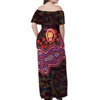 Brisbane Lions ANZAC Day Off Shoulder Maxi Dress Indigenous Dot Art with Poppy Flower Tribute