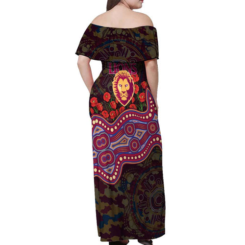 Brisbane Lions ANZAC Day Off Shoulder Maxi Dress Indigenous Dot Art with Poppy Flower Tribute