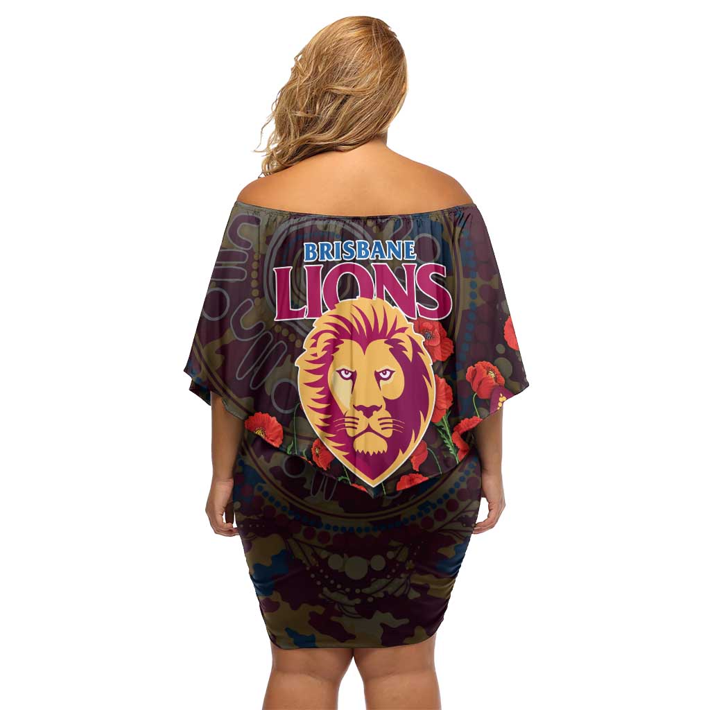 Brisbane Lions ANZAC Day Off Shoulder Short Dress Indigenous Dot Art with Poppy Flower Tribute