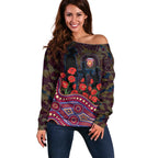 Brisbane Lions ANZAC Day Off Shoulder Sweater Indigenous Dot Art with Poppy Flower Tribute