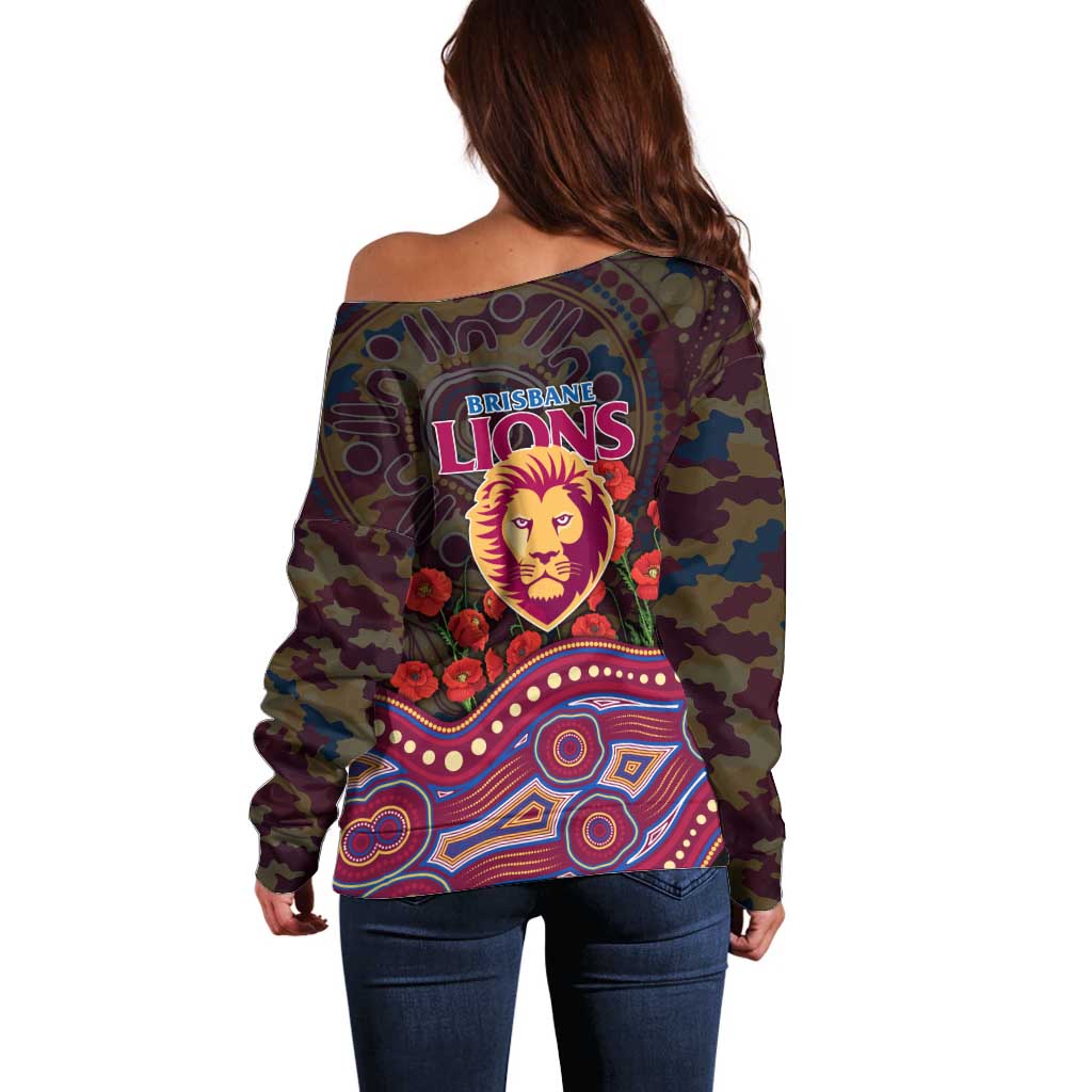 Brisbane Lions ANZAC Day Off Shoulder Sweater Indigenous Dot Art with Poppy Flower Tribute