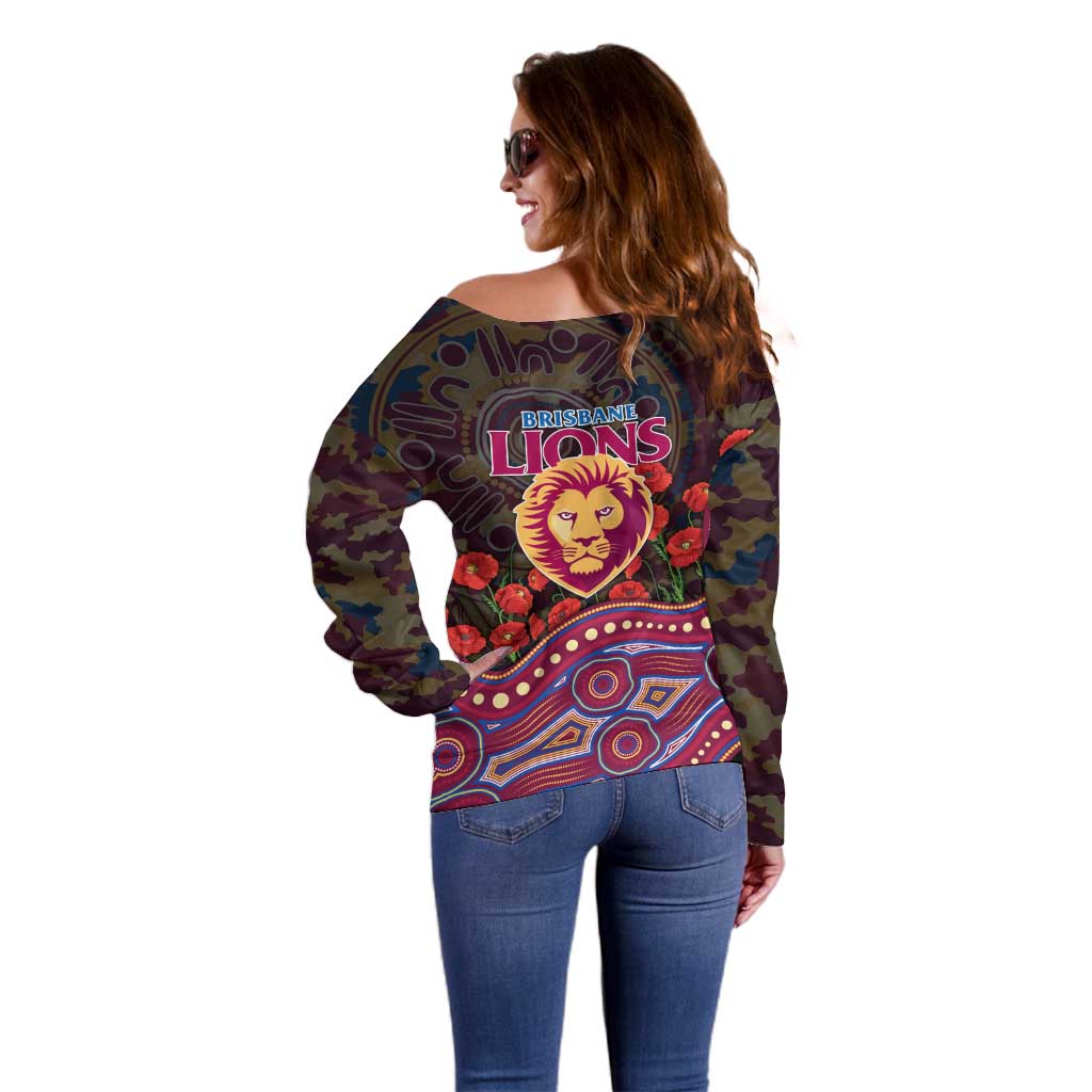 Brisbane Lions ANZAC Day Off Shoulder Sweater Indigenous Dot Art with Poppy Flower Tribute