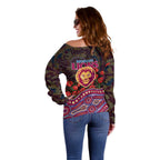Brisbane Lions ANZAC Day Off Shoulder Sweater Indigenous Dot Art with Poppy Flower Tribute