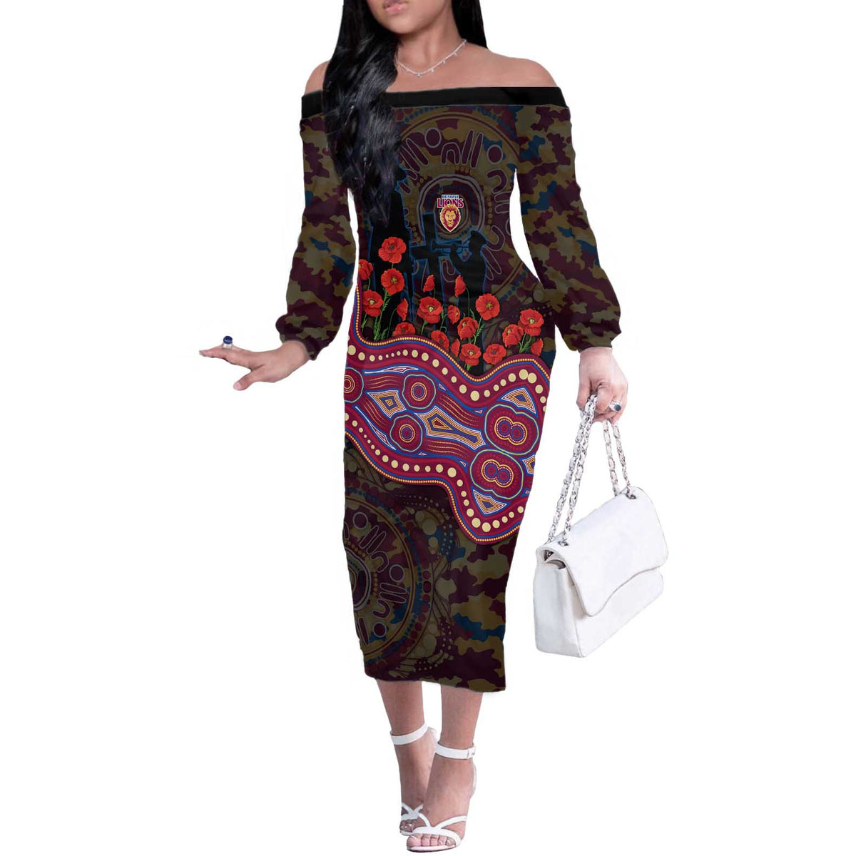 Brisbane Lions ANZAC Day Off The Shoulder Long Sleeve Dress Indigenous Dot Art with Poppy Flower Tribute