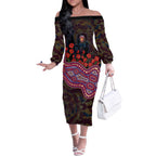 Brisbane Lions ANZAC Day Off The Shoulder Long Sleeve Dress Indigenous Dot Art with Poppy Flower Tribute