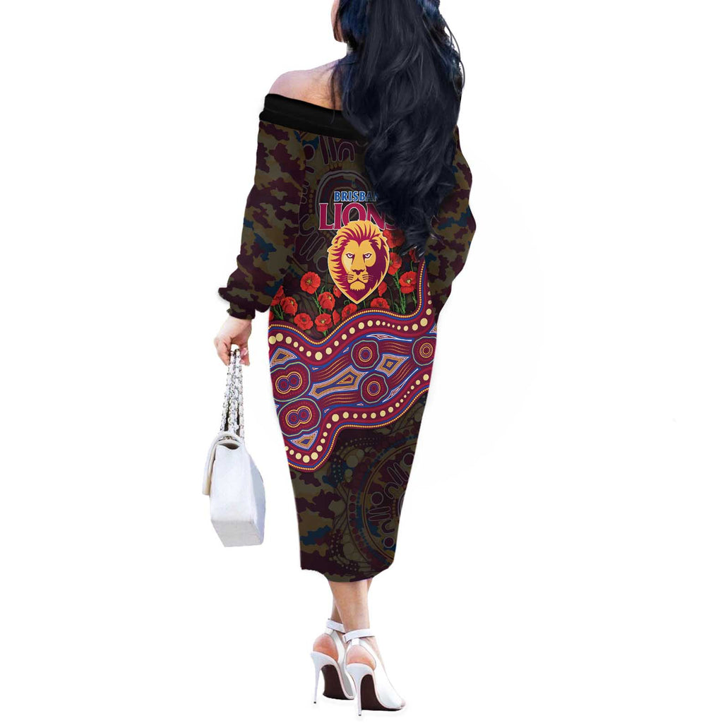 Brisbane Lions ANZAC Day Off The Shoulder Long Sleeve Dress Indigenous Dot Art with Poppy Flower Tribute