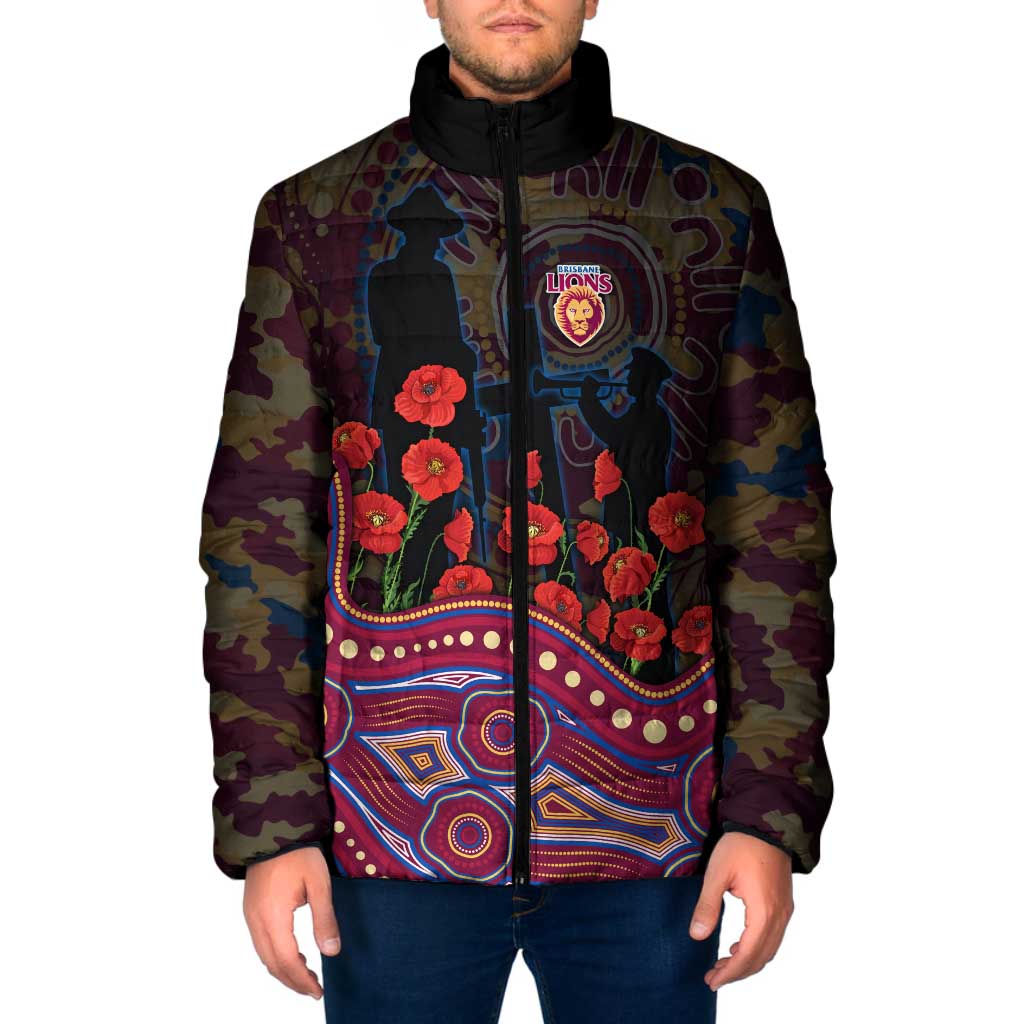 Brisbane Lions ANZAC Day Padded Jacket Indigenous Dot Art with Poppy Flower Tribute