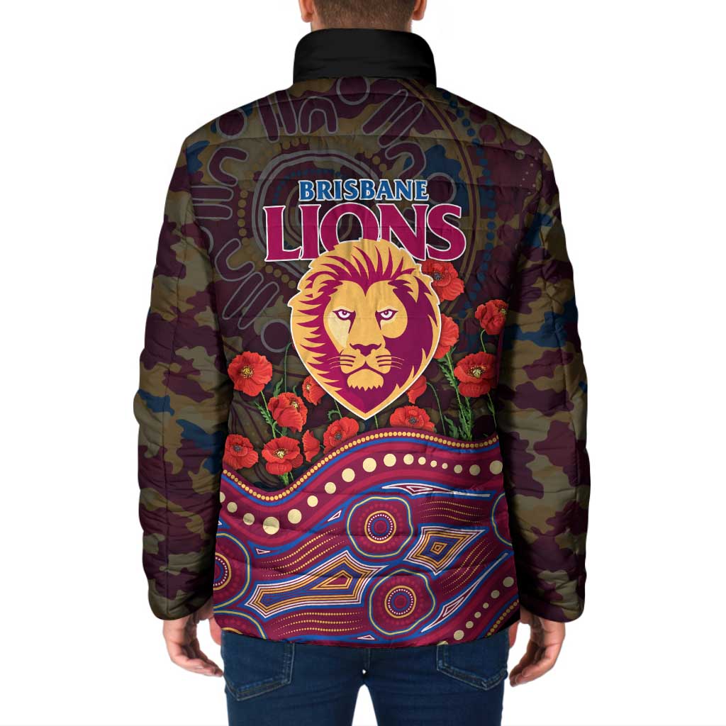 Brisbane Lions ANZAC Day Padded Jacket Indigenous Dot Art with Poppy Flower Tribute