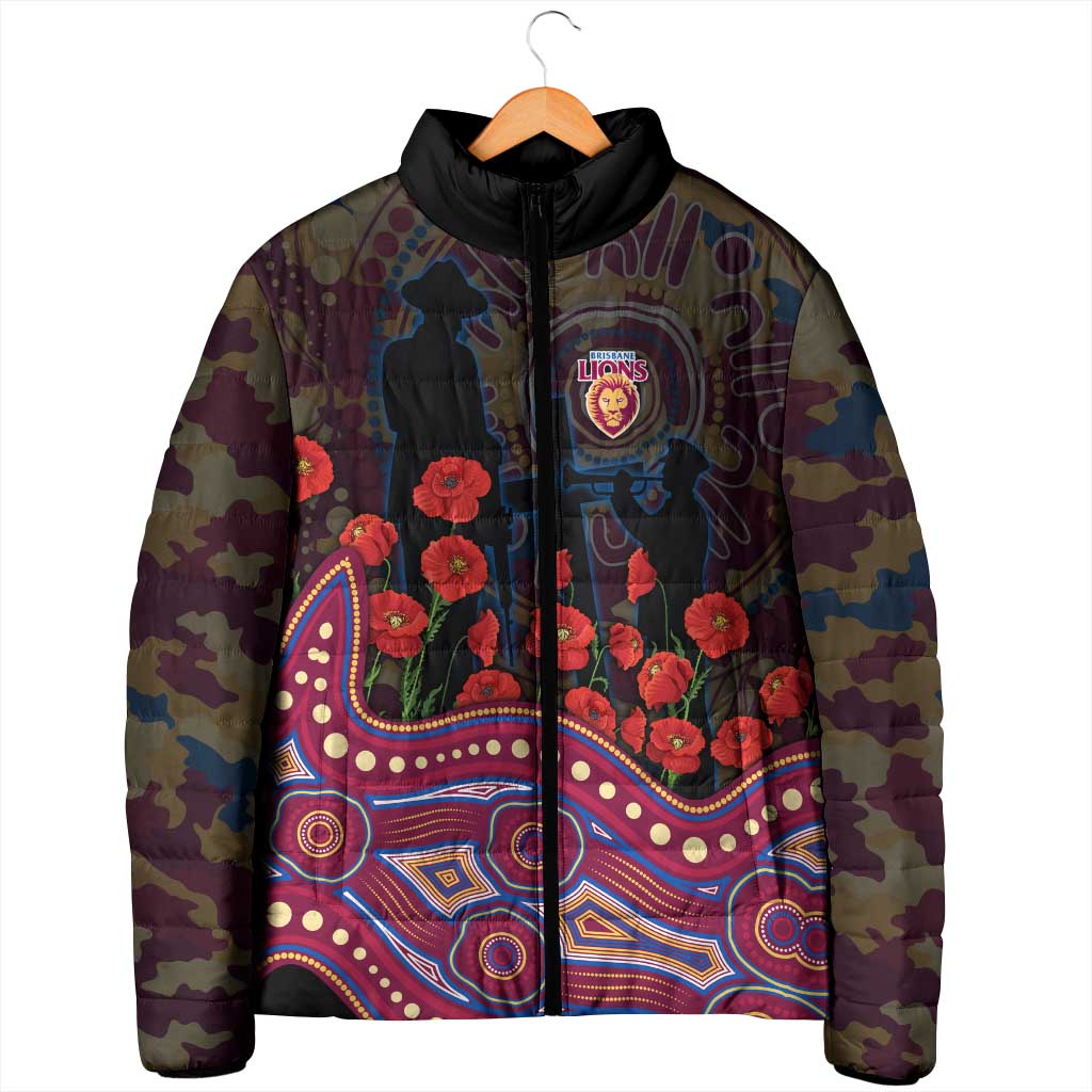 Brisbane Lions ANZAC Day Padded Jacket Indigenous Dot Art with Poppy Flower Tribute