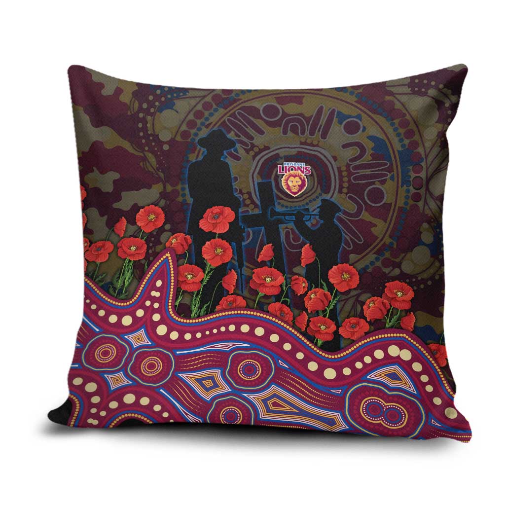 Brisbane Lions ANZAC Day Pillow Cover Indigenous Dot Art with Poppy Flower Tribute