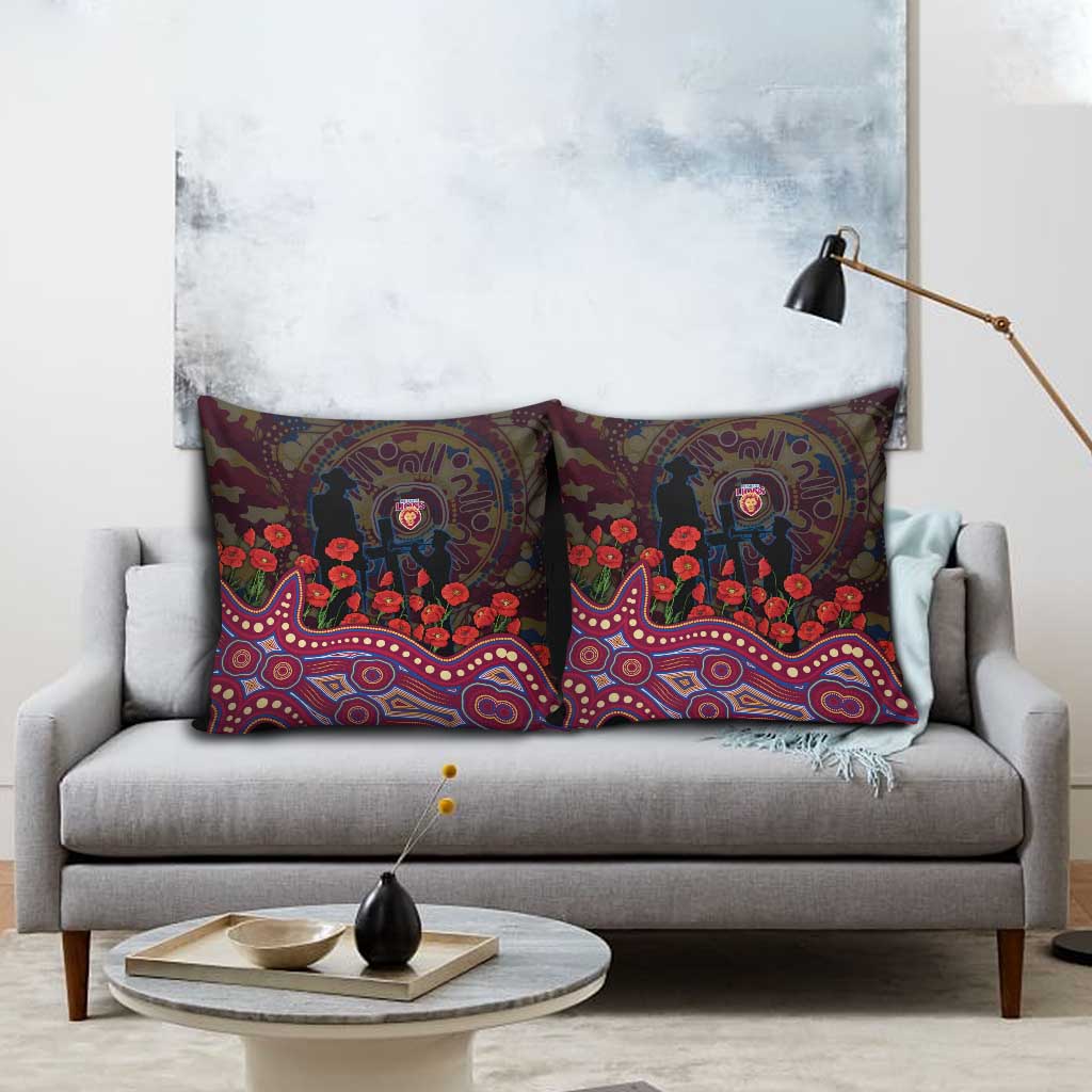Brisbane Lions ANZAC Day Pillow Cover Indigenous Dot Art with Poppy Flower Tribute