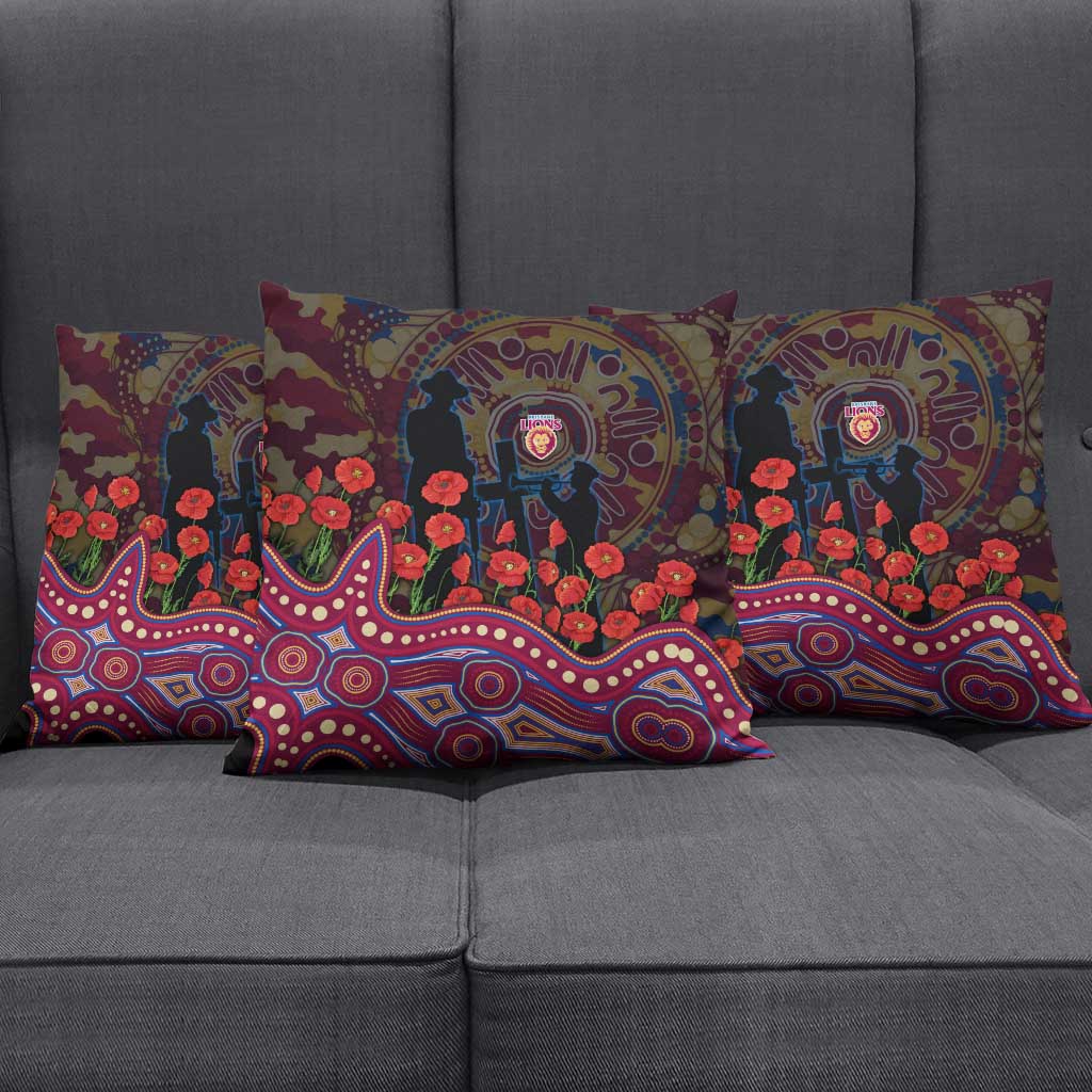 Brisbane Lions ANZAC Day Pillow Cover Indigenous Dot Art with Poppy Flower Tribute