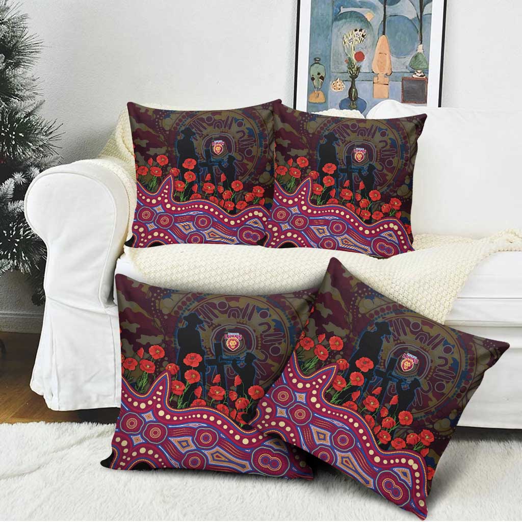 Brisbane Lions ANZAC Day Pillow Cover Indigenous Dot Art with Poppy Flower Tribute