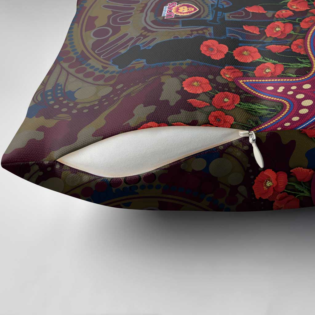 Brisbane Lions ANZAC Day Pillow Cover Indigenous Dot Art with Poppy Flower Tribute