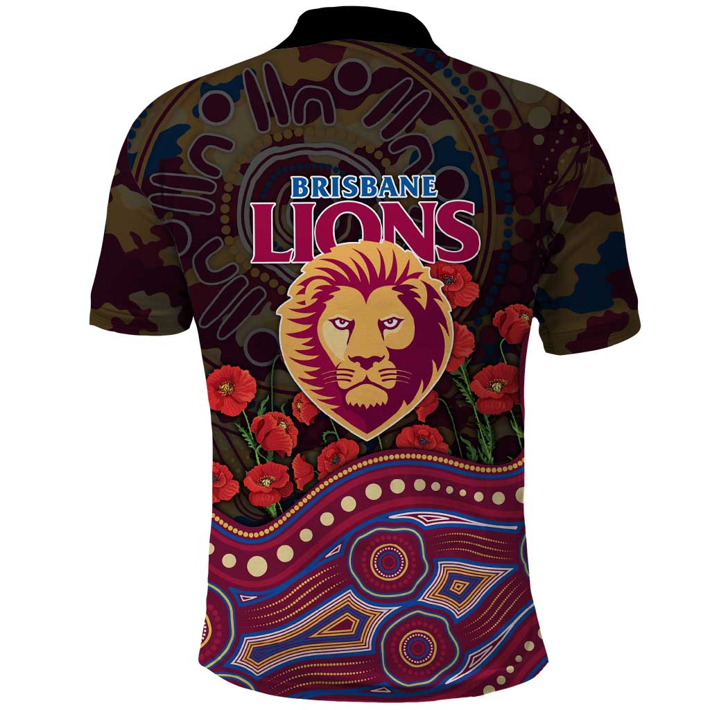 Brisbane Lions ANZAC Day Polo Shirt Indigenous Dot Art with Poppy Flower Tribute