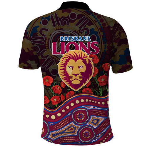 Brisbane Lions ANZAC Day Polo Shirt Indigenous Dot Art with Poppy Flower Tribute