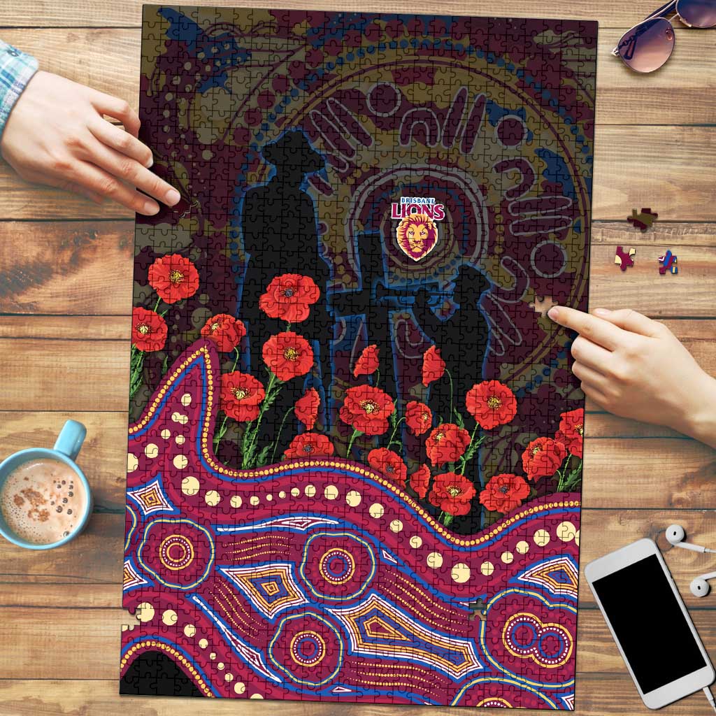Brisbane Lions ANZAC Day Puzzle Indigenous Dot Art with Poppy Flower Tribute
