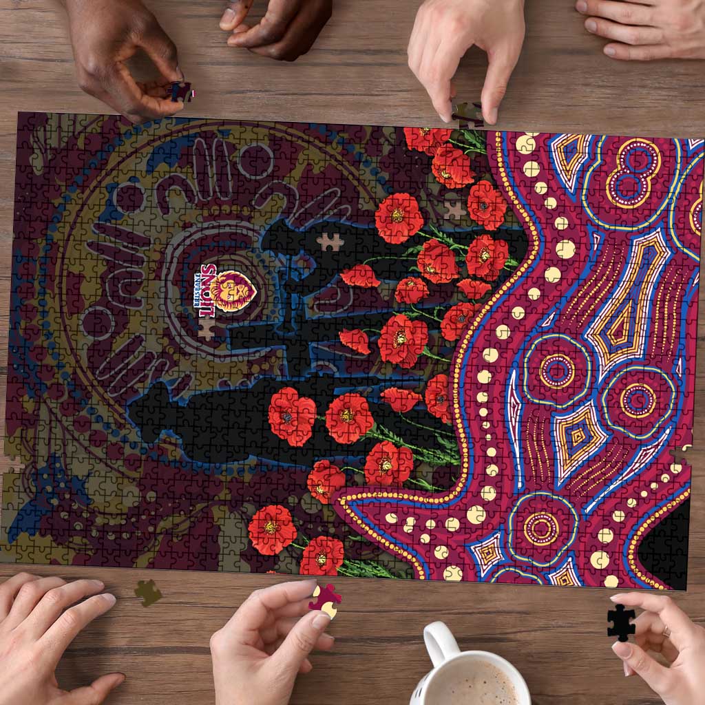 Brisbane Lions ANZAC Day Puzzle Indigenous Dot Art with Poppy Flower Tribute