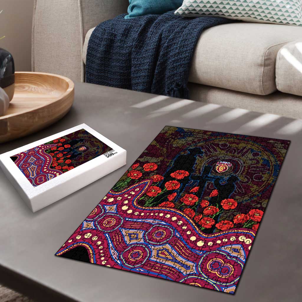 Brisbane Lions ANZAC Day Puzzle Indigenous Dot Art with Poppy Flower Tribute