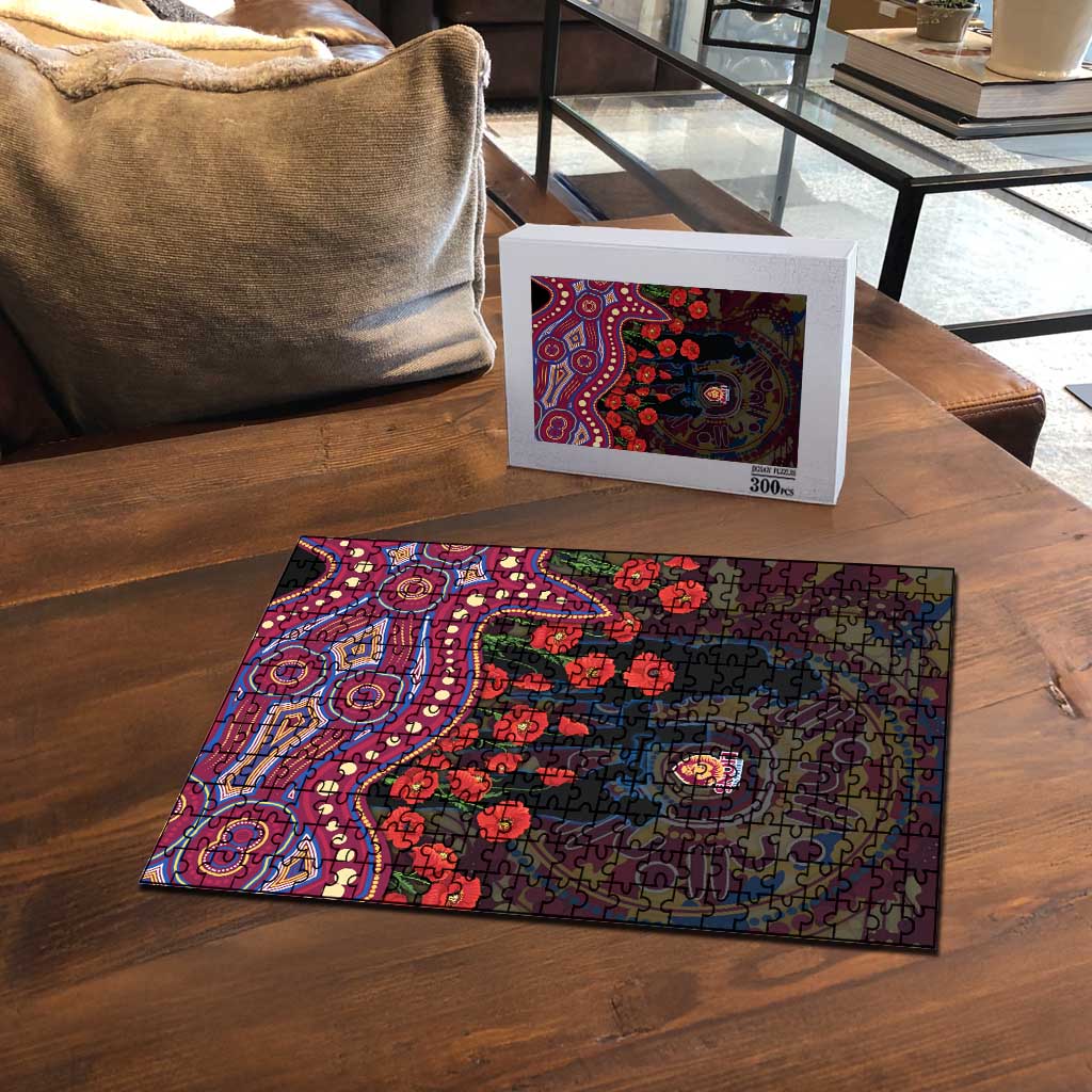 Brisbane Lions ANZAC Day Puzzle Indigenous Dot Art with Poppy Flower Tribute