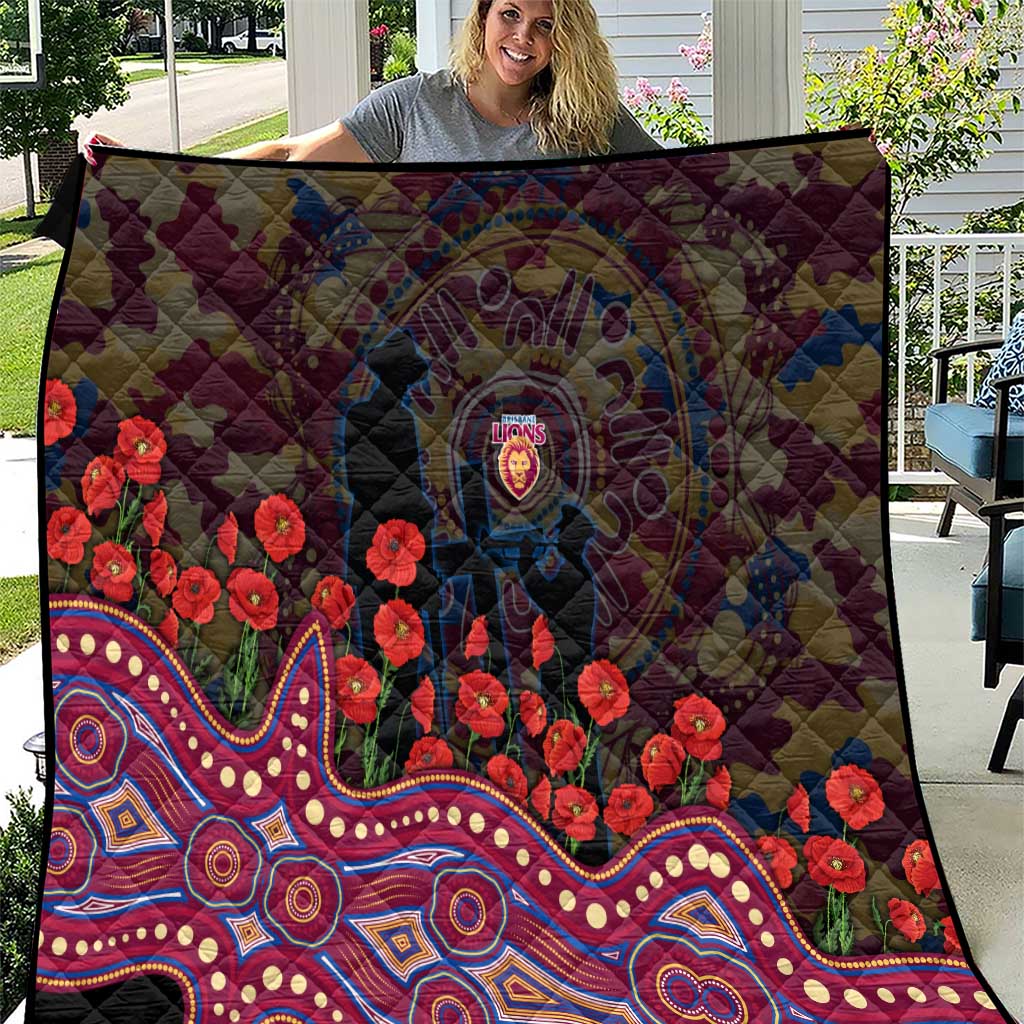 Brisbane Lions ANZAC Day Quilt Indigenous Dot Art with Poppy Flower Tribute
