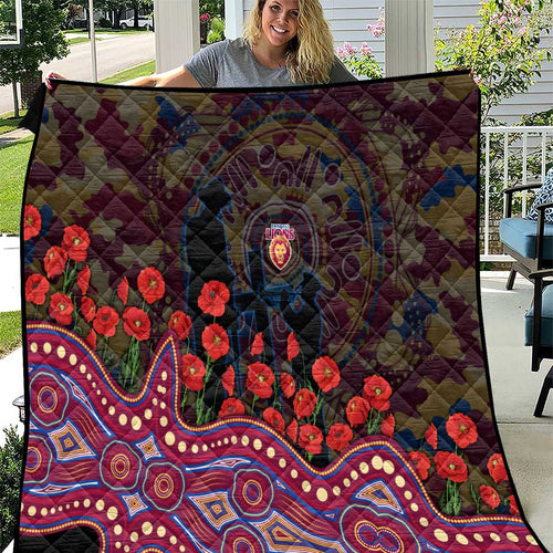 Brisbane Lions ANZAC Day Quilt Indigenous Dot Art with Poppy Flower Tribute
