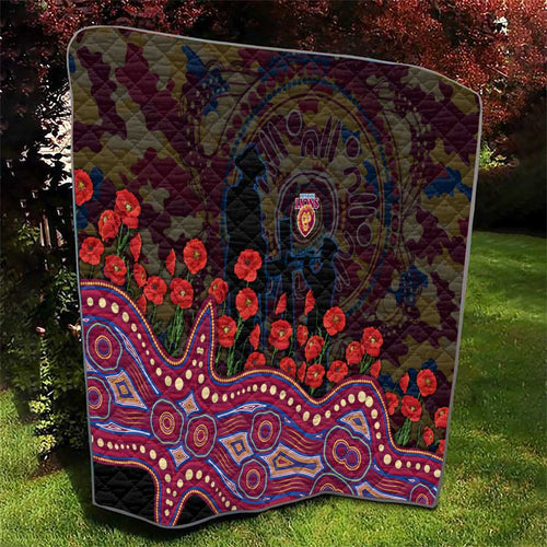 Brisbane Lions ANZAC Day Quilt Indigenous Dot Art with Poppy Flower Tribute