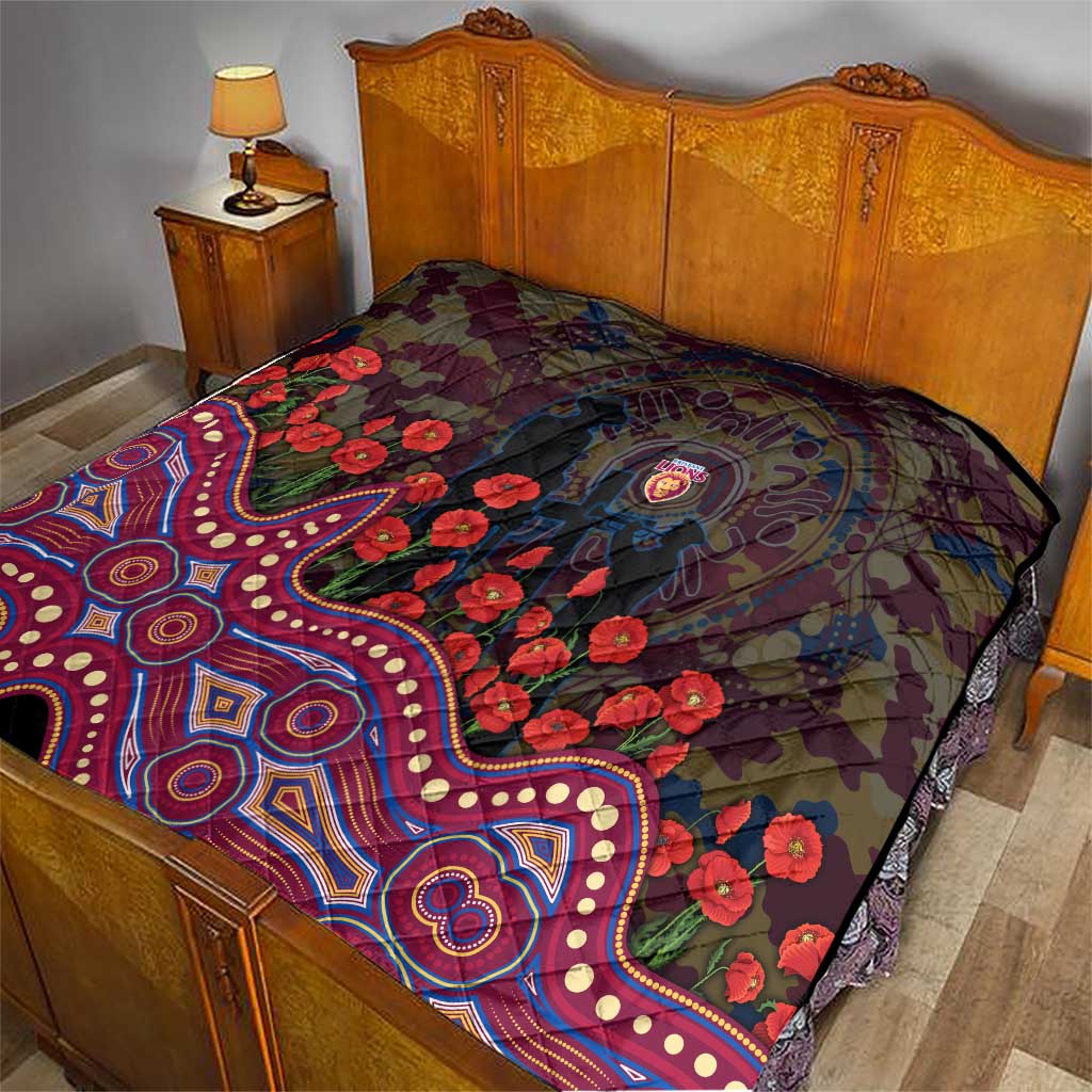 Brisbane Lions ANZAC Day Quilt Indigenous Dot Art with Poppy Flower Tribute