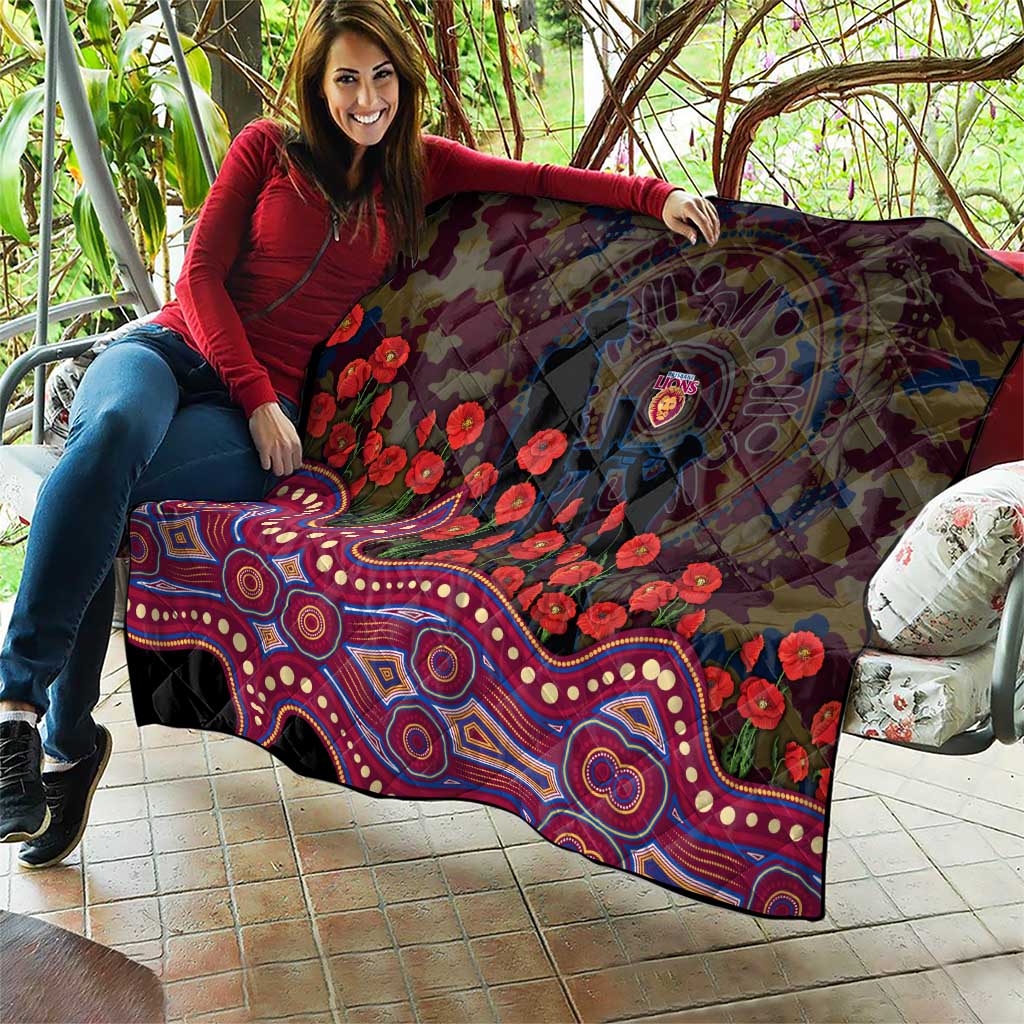 Brisbane Lions ANZAC Day Quilt Indigenous Dot Art with Poppy Flower Tribute