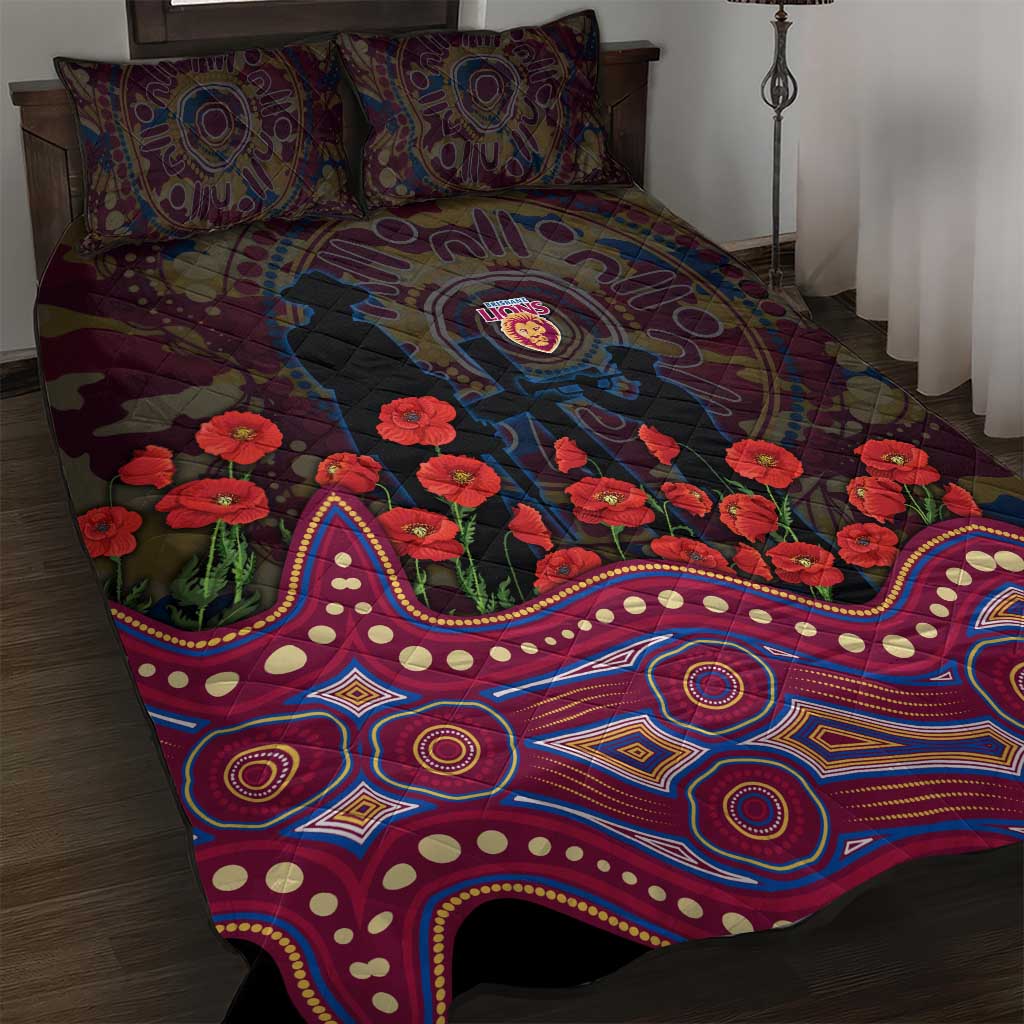 Brisbane Lions ANZAC Day Quilt Bed Set Indigenous Dot Art with Poppy Flower Tribute