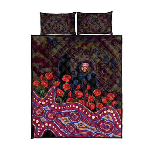 Brisbane Lions ANZAC Day Quilt Bed Set Indigenous Dot Art with Poppy Flower Tribute