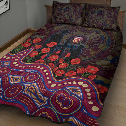 Brisbane Lions ANZAC Day Quilt Bed Set Indigenous Dot Art with Poppy Flower Tribute