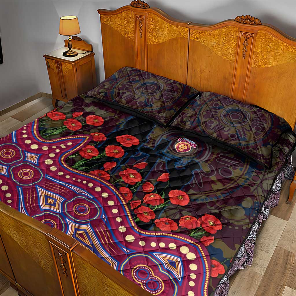 Brisbane Lions ANZAC Day Quilt Bed Set Indigenous Dot Art with Poppy Flower Tribute