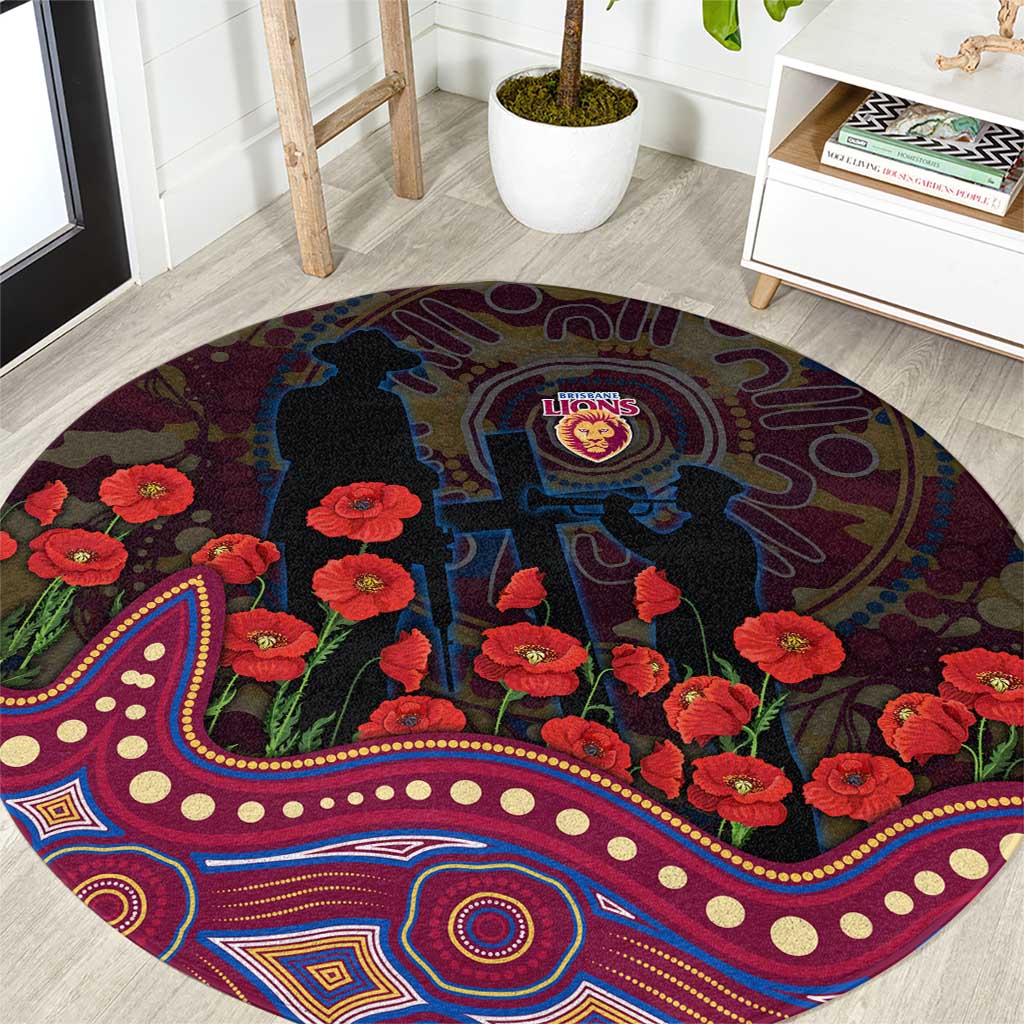 Brisbane Lions ANZAC Day Round Carpet Indigenous Dot Art with Poppy Flower Tribute