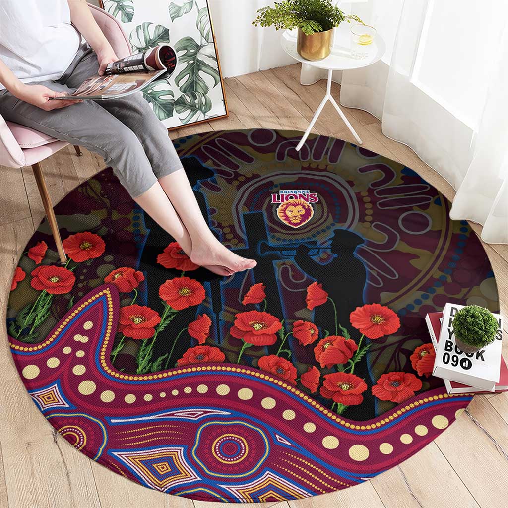 Brisbane Lions ANZAC Day Round Carpet Indigenous Dot Art with Poppy Flower Tribute