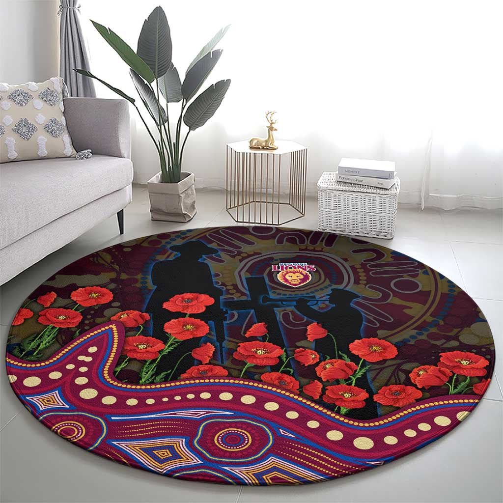 Brisbane Lions ANZAC Day Round Carpet Indigenous Dot Art with Poppy Flower Tribute