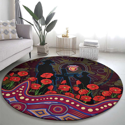 Brisbane Lions ANZAC Day Round Carpet Indigenous Dot Art with Poppy Flower Tribute