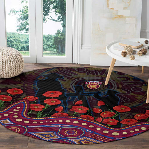 Brisbane Lions ANZAC Day Round Carpet Indigenous Dot Art with Poppy Flower Tribute