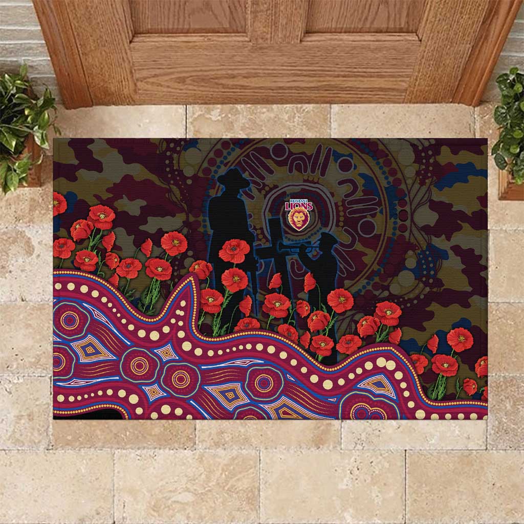 Brisbane Lions ANZAC Day Rubber Doormat Indigenous Dot Art with Poppy Flower Tribute
