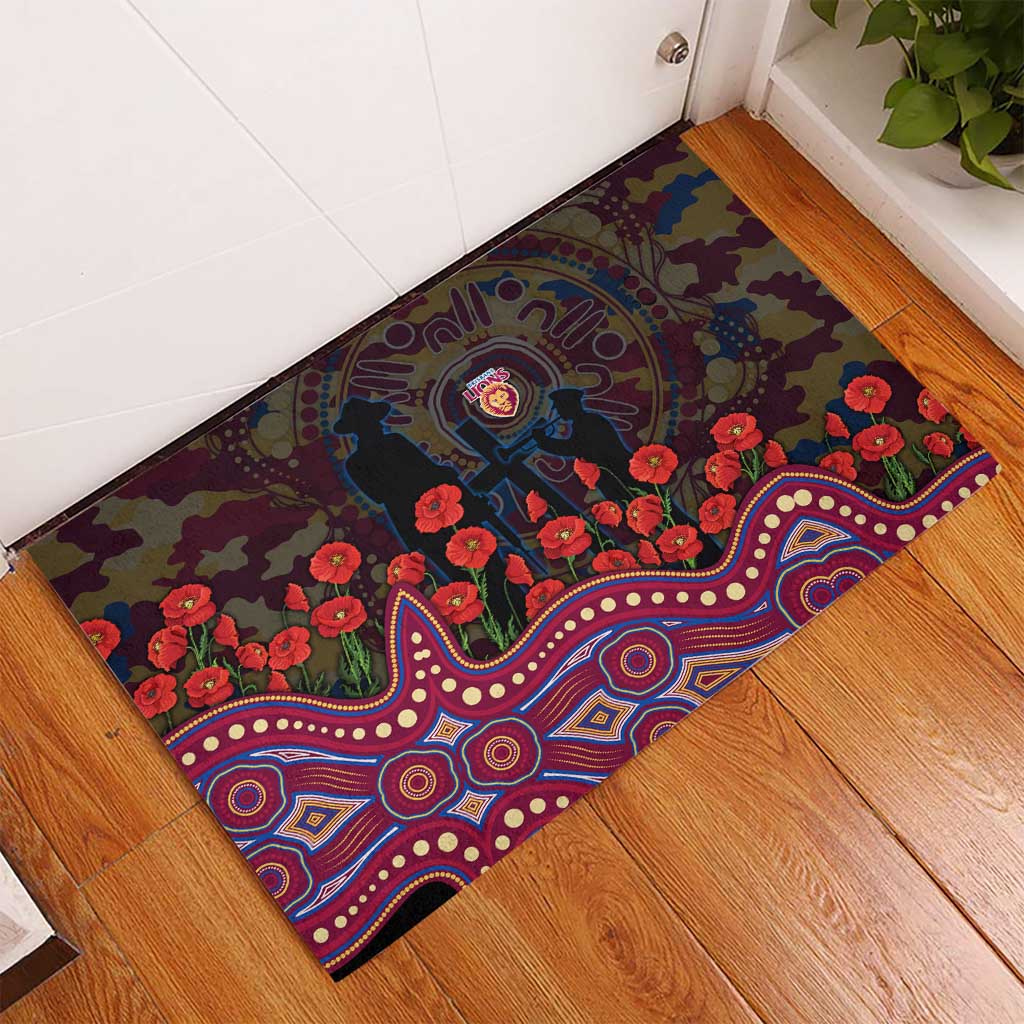 Brisbane Lions ANZAC Day Rubber Doormat Indigenous Dot Art with Poppy Flower Tribute