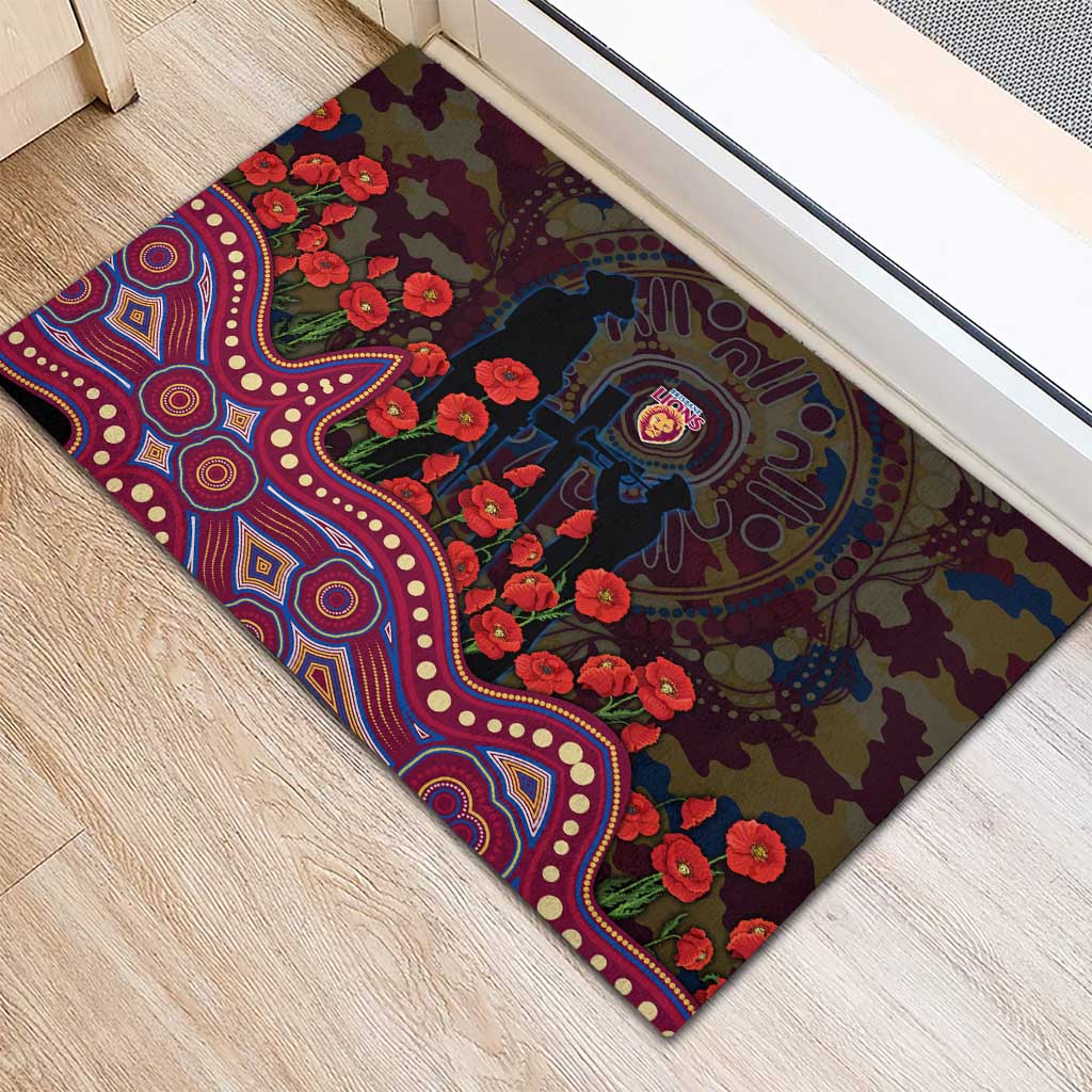 Brisbane Lions ANZAC Day Rubber Doormat Indigenous Dot Art with Poppy Flower Tribute