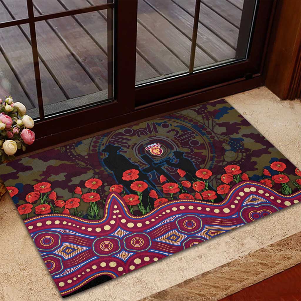 Brisbane Lions ANZAC Day Rubber Doormat Indigenous Dot Art with Poppy Flower Tribute
