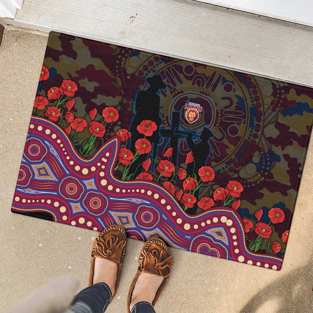 Brisbane Lions ANZAC Day Rubber Doormat Indigenous Dot Art with Poppy Flower Tribute