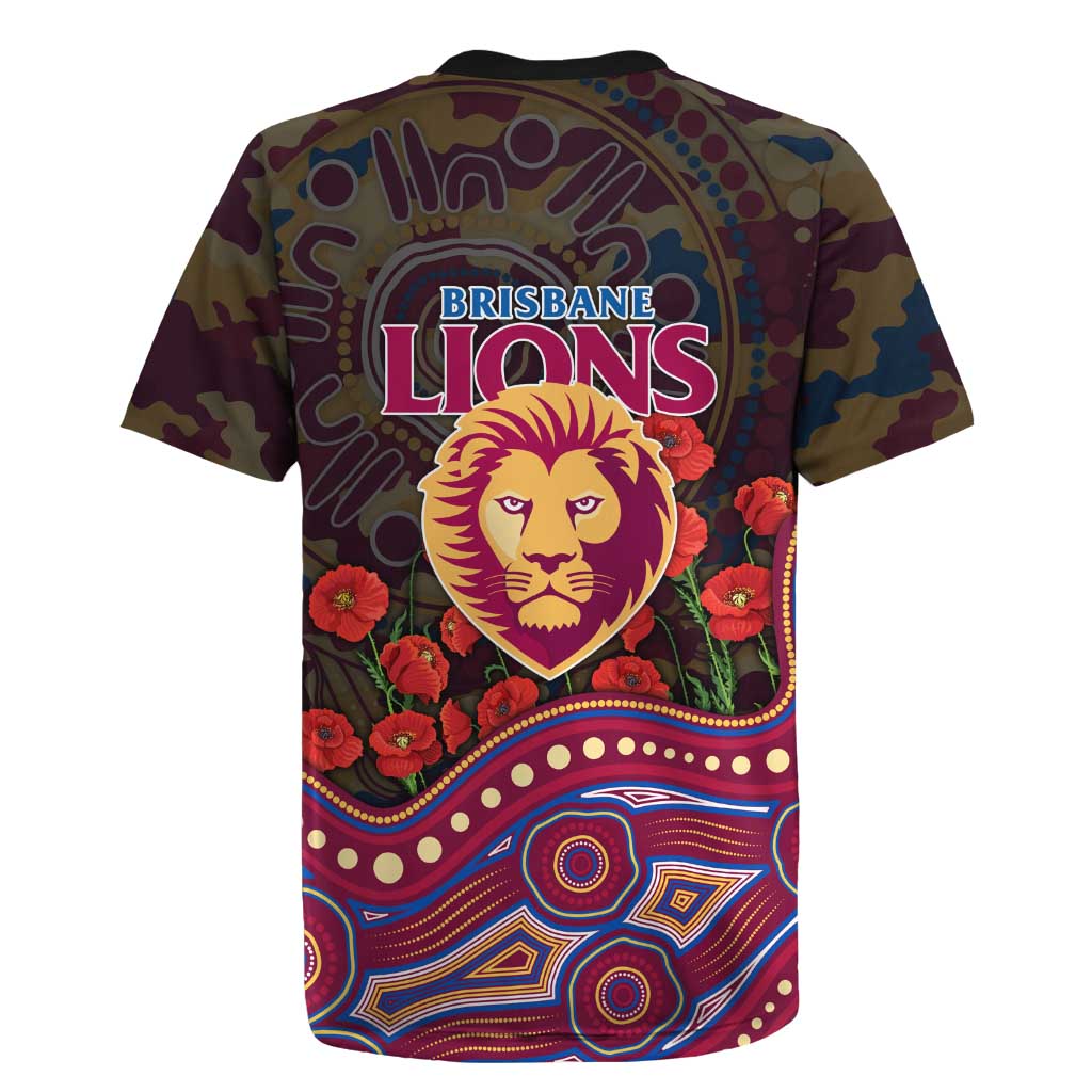 Brisbane Lions ANZAC Day Rugby Jersey Indigenous Dot Art with Poppy Flower Tribute