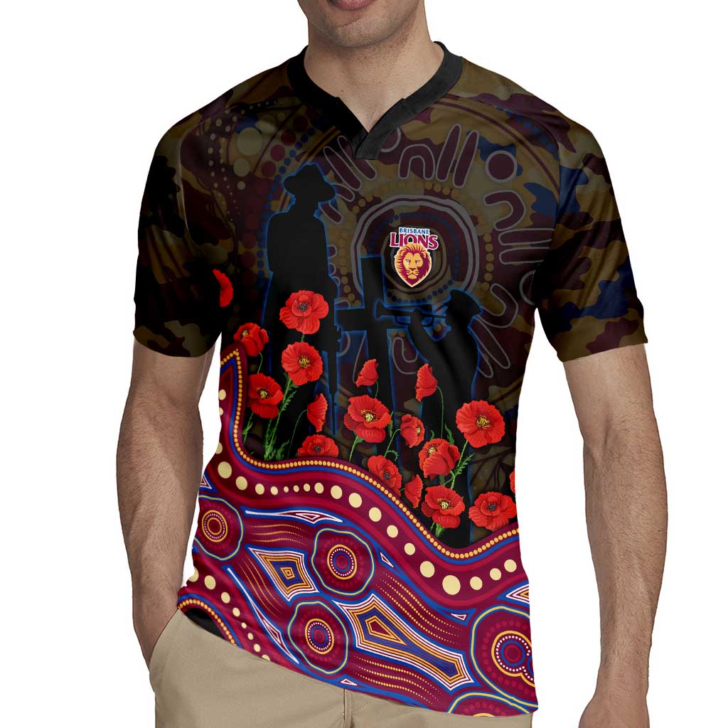 Brisbane Lions ANZAC Day Rugby Jersey Indigenous Dot Art with Poppy Flower Tribute