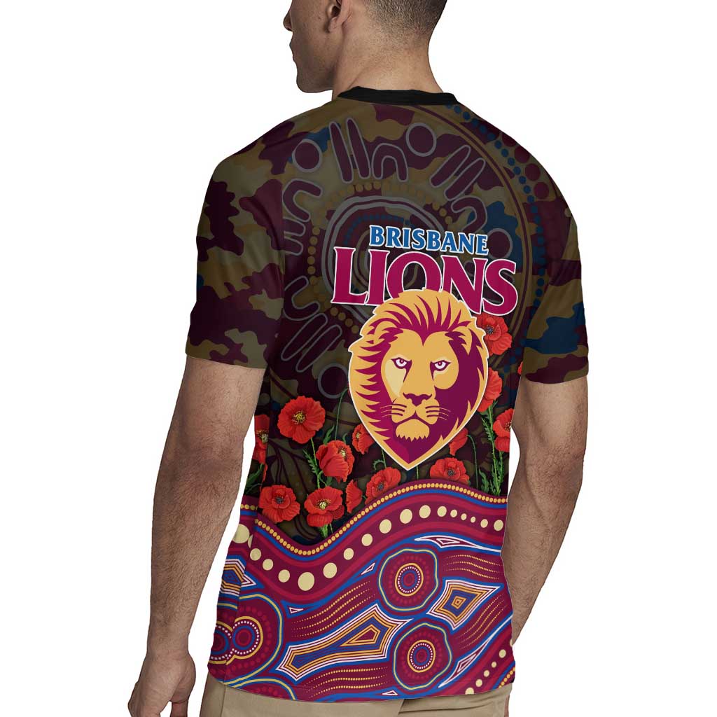 Brisbane Lions ANZAC Day Rugby Jersey Indigenous Dot Art with Poppy Flower Tribute