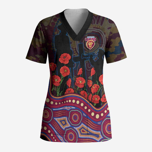 Brisbane Lions ANZAC Day Scrub Top Indigenous Dot Art with Poppy Flower Tribute
