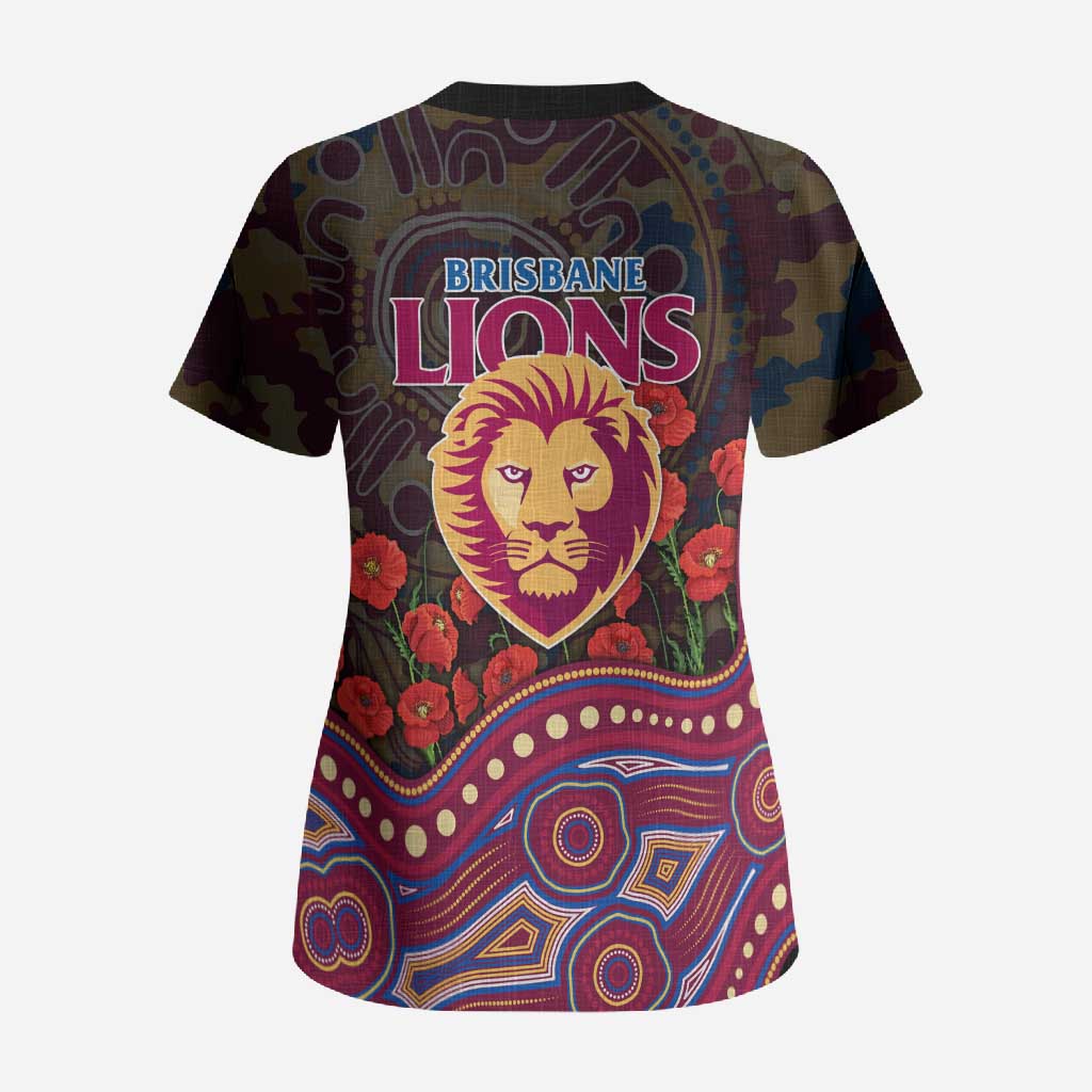 Brisbane Lions ANZAC Day Scrub Top Indigenous Dot Art with Poppy Flower Tribute