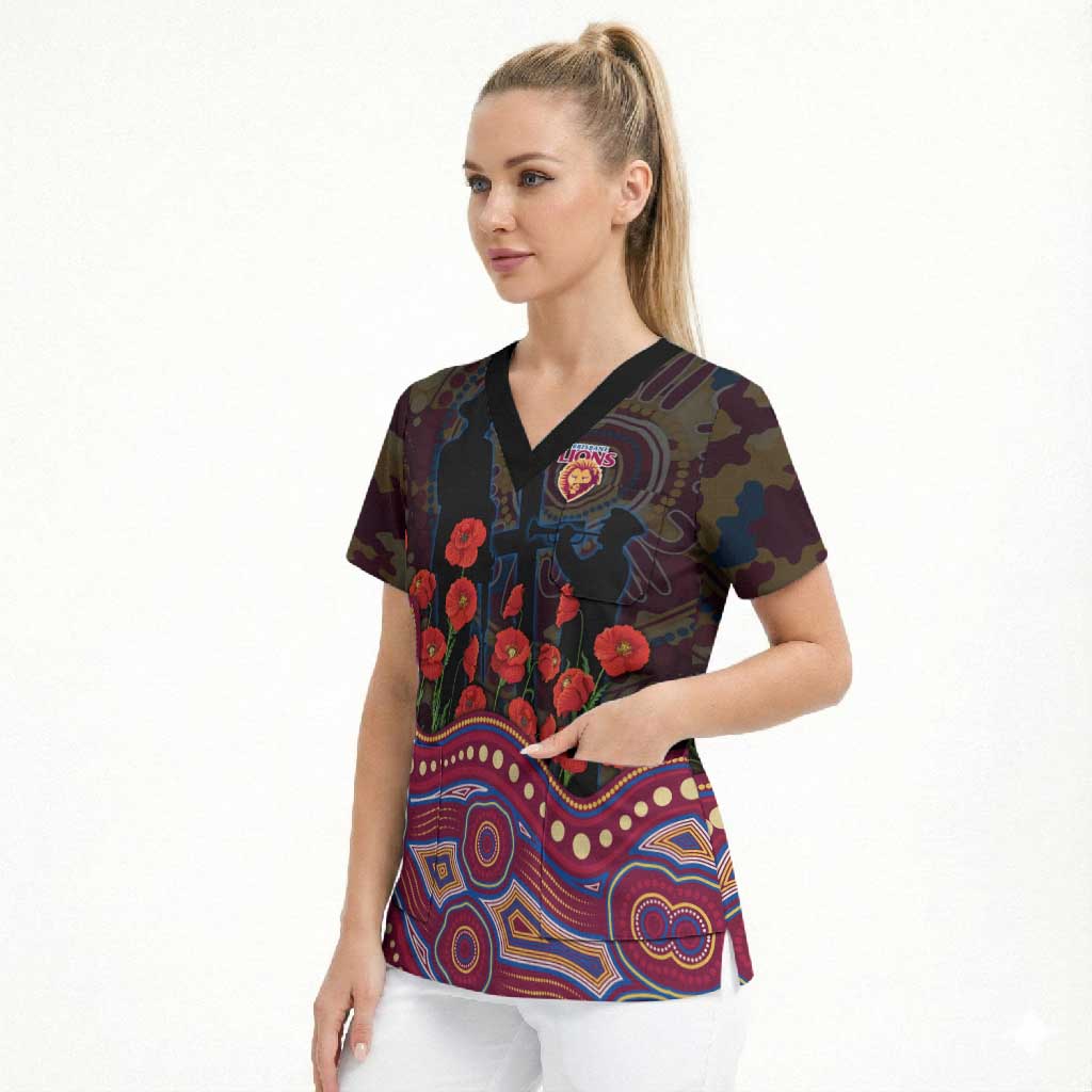 Brisbane Lions ANZAC Day Scrub Top Indigenous Dot Art with Poppy Flower Tribute